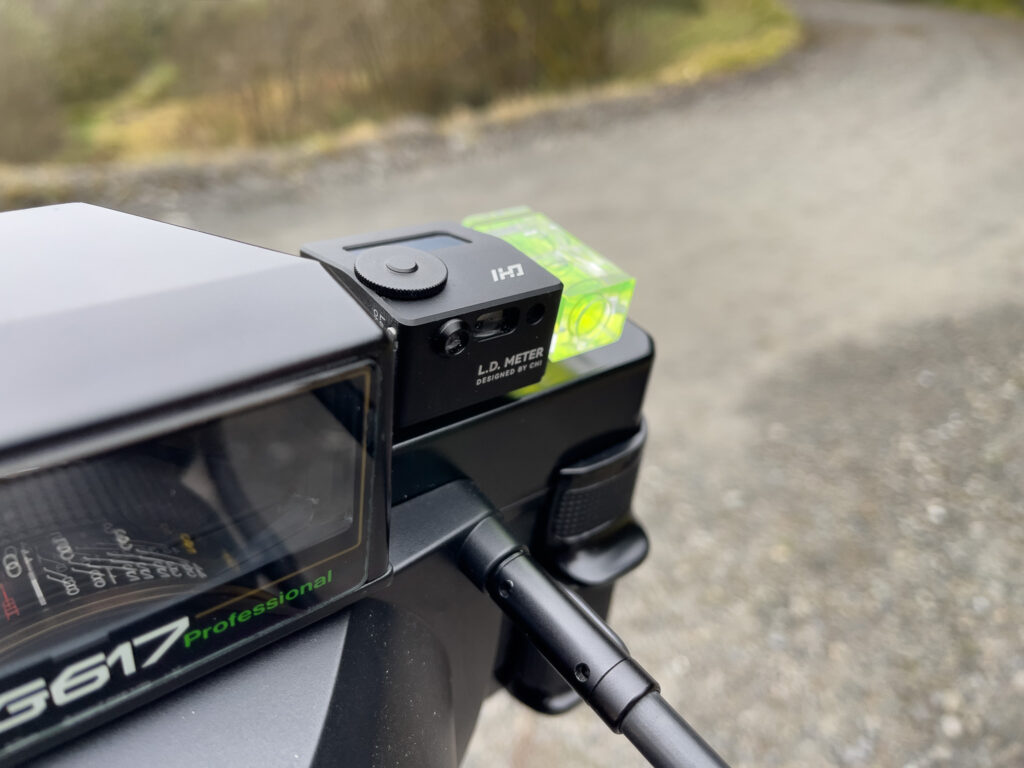The LD Meter on the Fujica G617's first cold-shoe from the front.