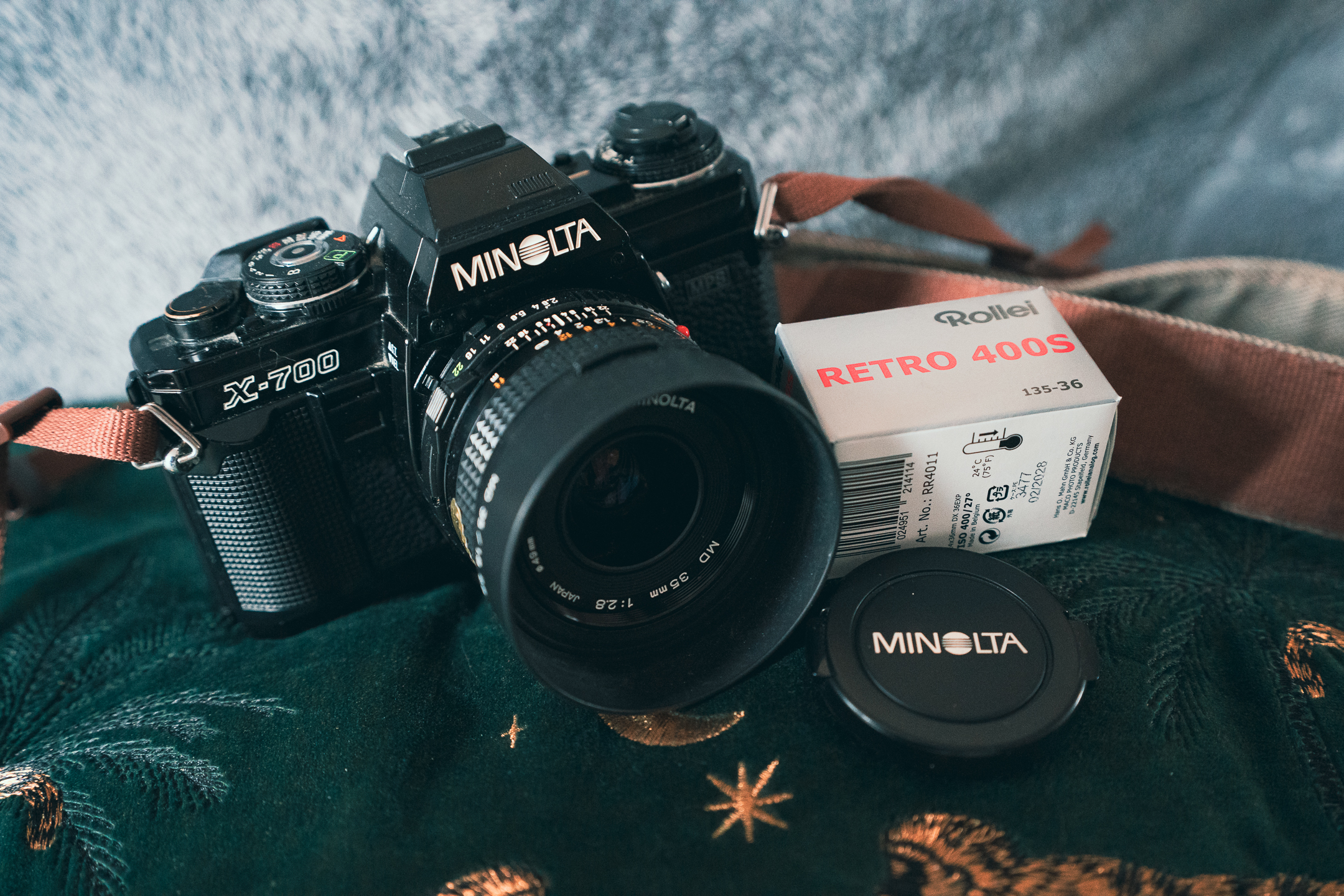 Minolta X-700 with the box for a roll of Rollei Retro 400S