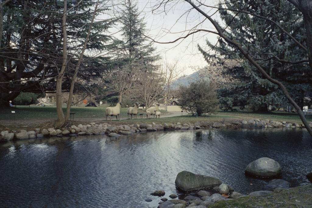Sheeps and Lambs sculpture by François-Xavier Lalanne in background of the Gianadda foundation park lake (Martigny - Switzerland) photographed with a Minox 35 GT and Silbersalz 500T film