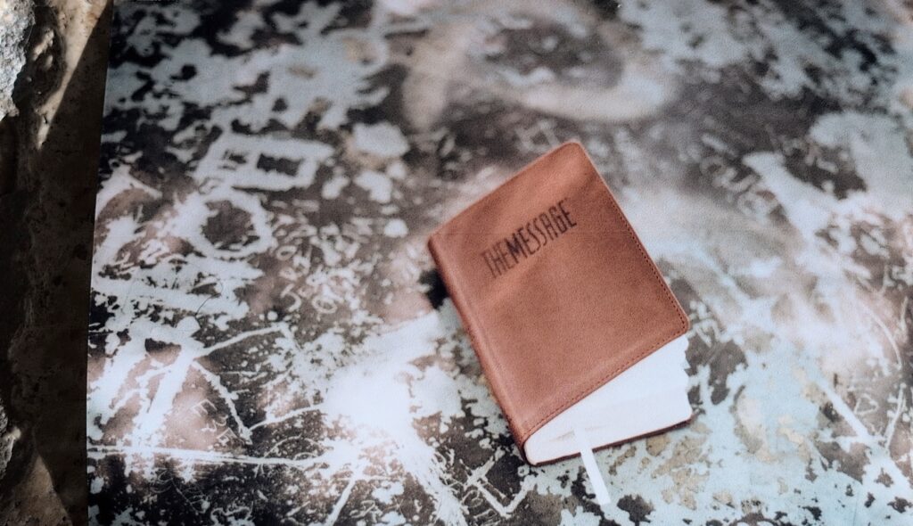 My Message Bible at picnic table.