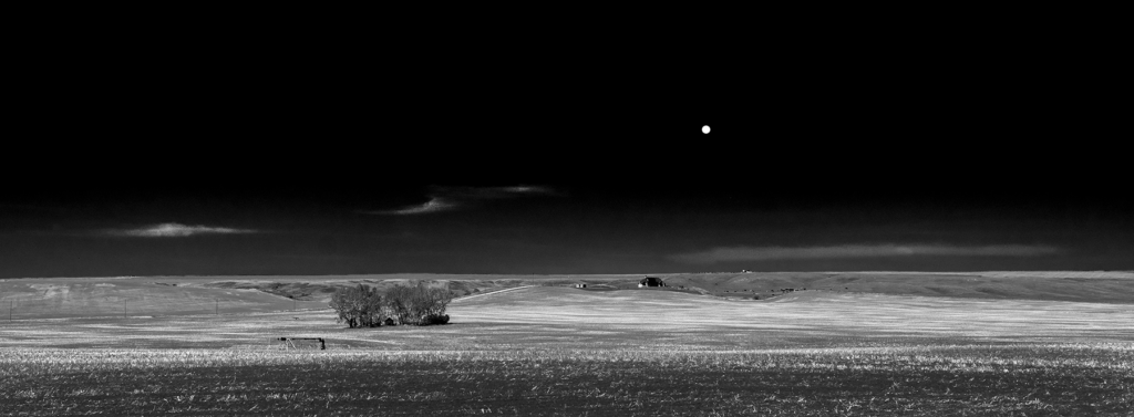 Moon over farm field in Black and White